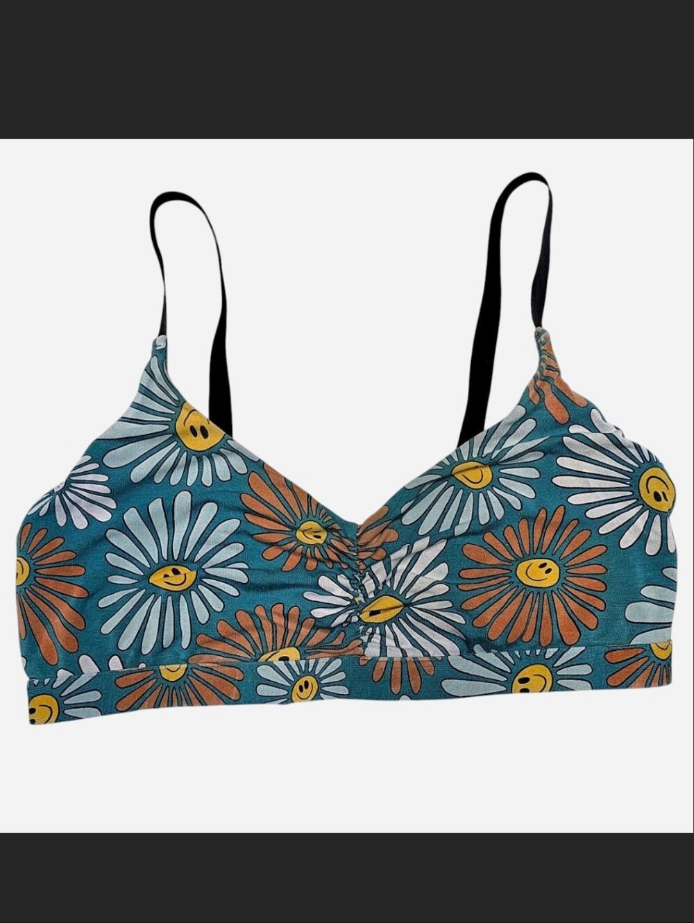 MeUndies Teal Disco Daisy Smiley Face Bralette with Adjustable Straps, Size 2X